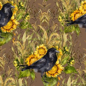 crow with sunflowers watercolor on brown