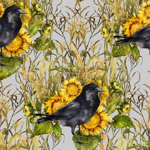 crow with sunflowers watercolor on grey