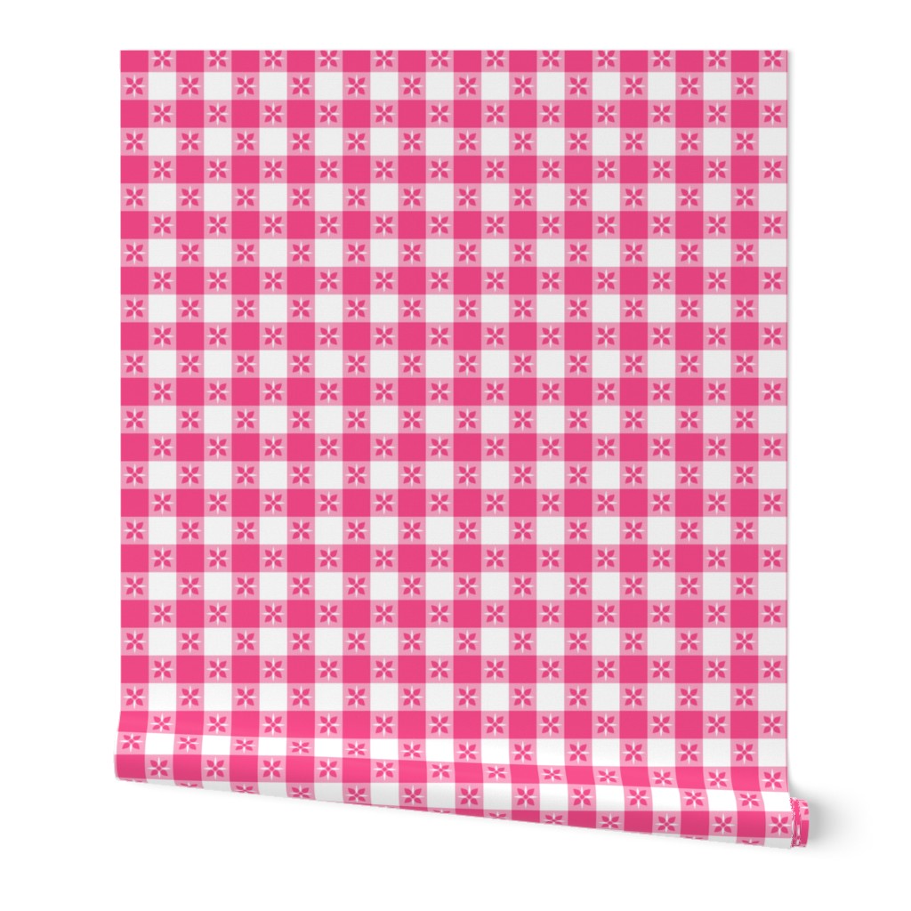 One Inch French Rose Pink and White Checkered Italian Bistro Cloth with Flowers