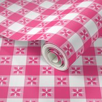 One Inch French Rose Pink and White Checkered Italian Bistro Cloth with Flowers