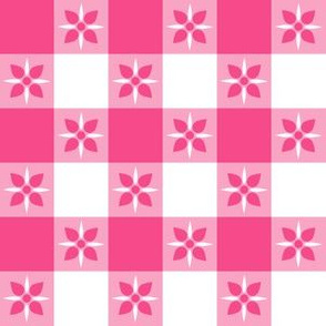 One Inch French Rose Pink and White Checkered Italian Bistro Cloth with Flowers