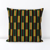 Green, Dark Red, Yellow Gold, Vertical  Stripes on Black, Kente Cloth