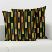 Green, Dark Red, Yellow Gold, Vertical  Stripes on Black, Kente Cloth