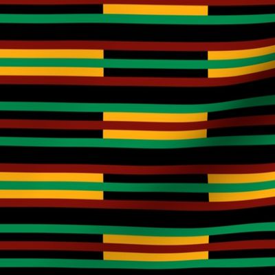 Green, Dark Red, Yellow Gold, Horizontal Stripes on Black, Kente Cloth