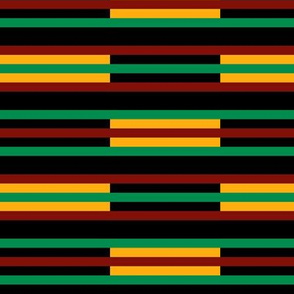 Green, Dark Red, Yellow Gold, Horizontal Stripes on Black, Kente Cloth