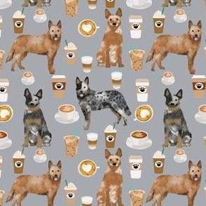 australian cattle dog fabric blue and red heelers and coffees fabric - grey