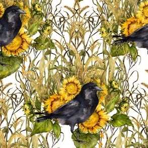 crow with sunflowers watercolor on white