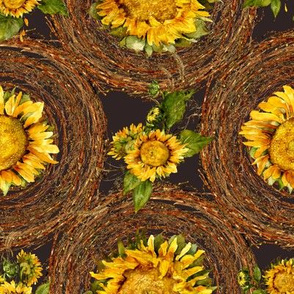 sunflowers and wreaths  watercolor on dark chocolate brown