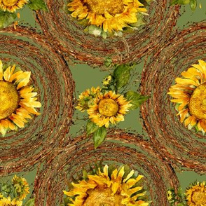 sunflowers and wreaths watercolor on dark green fabric