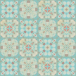 Spanish Tile-Coral Heart-Summer Meadow Palette-XSmall Scale-6" Repeat