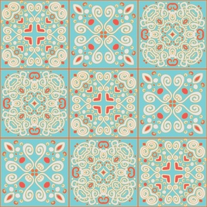 Spanish Tile-Coral Heart-Summer Meadow Palette-Large Scale-24"Repeat