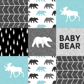Baby Bear Woodland Patchwork - bear and moose - grey, black, teal