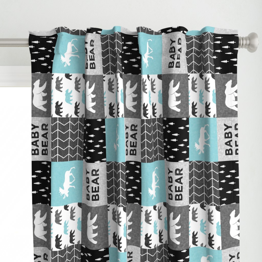 Baby Bear Woodland Patchwork - bear and moose - grey, black, teal (90)