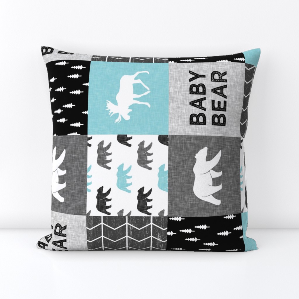 Baby Bear Woodland Patchwork - bear and moose - grey, black, teal (90)