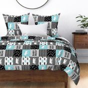 Baby Bear Woodland Patchwork - bear and moose - grey, black, teal (90)