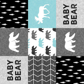 Baby Bear Woodland Patchwork - bear and moose - grey, black, teal (90)