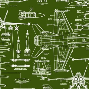 F-18 Blueprints on Army Green // Large