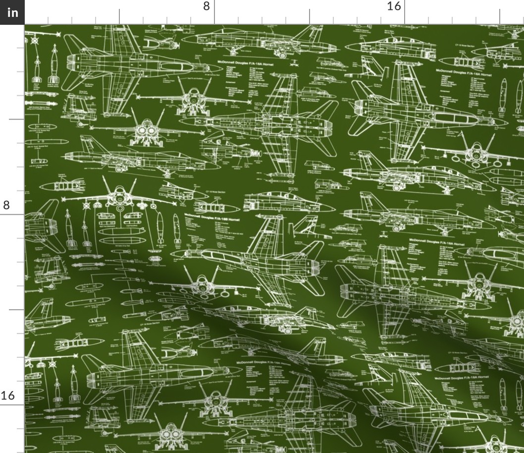 F-18 Blueprints on Army Green // Small