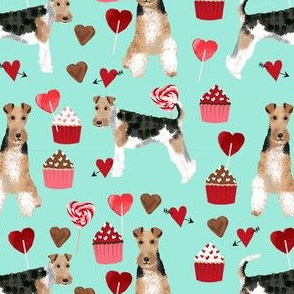 wire fox terrier valentines day cupcakes love hearts dog breed fabric mint