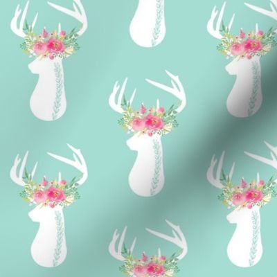 Deer w/ Floral Antlers (mint) - Pink Flowers Baby Girl Nursery Bedding GingerLous