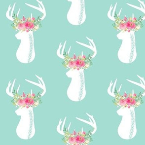 Deer w/ Floral Antlers (mint) - Pink Flowers Baby Girl Nursery Bedding GingerLous