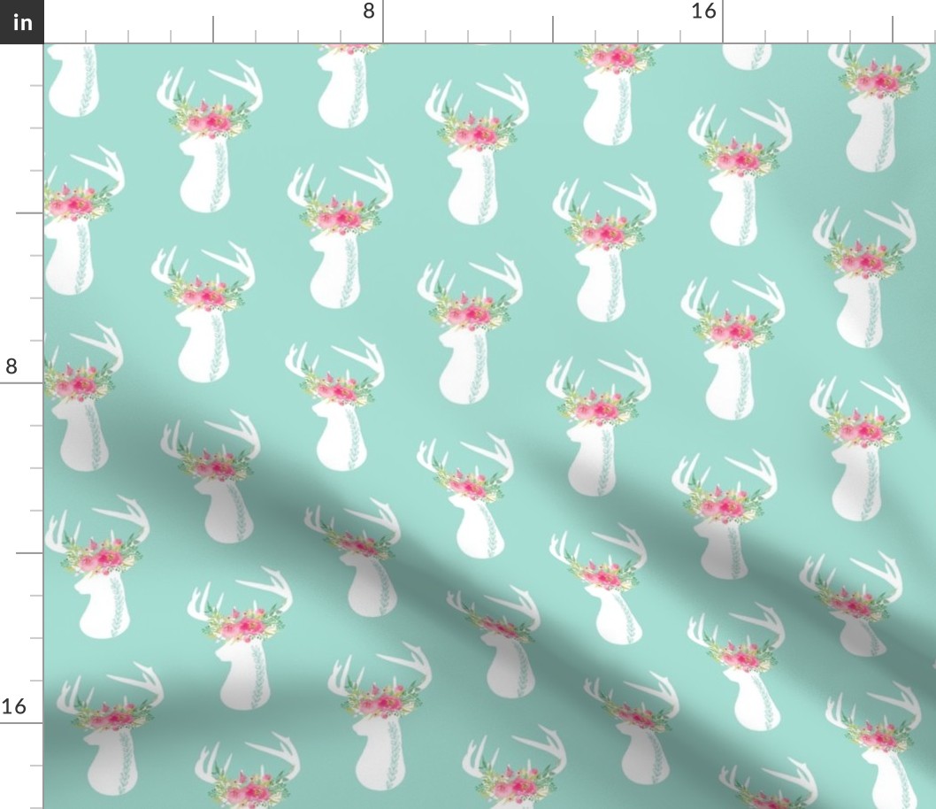 Deer w/ Floral Antlers (mint) - Pink Flowers Baby Girl Nursery Bedding GingerLous