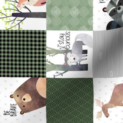 3" BLOCKS- Woodland Critters Patchwork Quilt - Bear Moose Fox Raccoon Wolf, Forest Green Design GingerLous, ROTATED