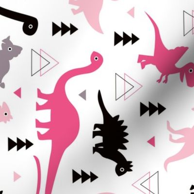 Adorable dino girls fabric with black and pink dinosaur geometric triangles and funky animal illustration theme for kids rotated