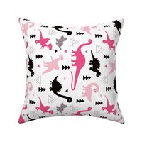 Adorable dino girls fabric with black and pink dinosaur geometric triangles and funky animal illustration theme for kids rotated