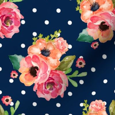 8" Floral Polka  White Polka Navy