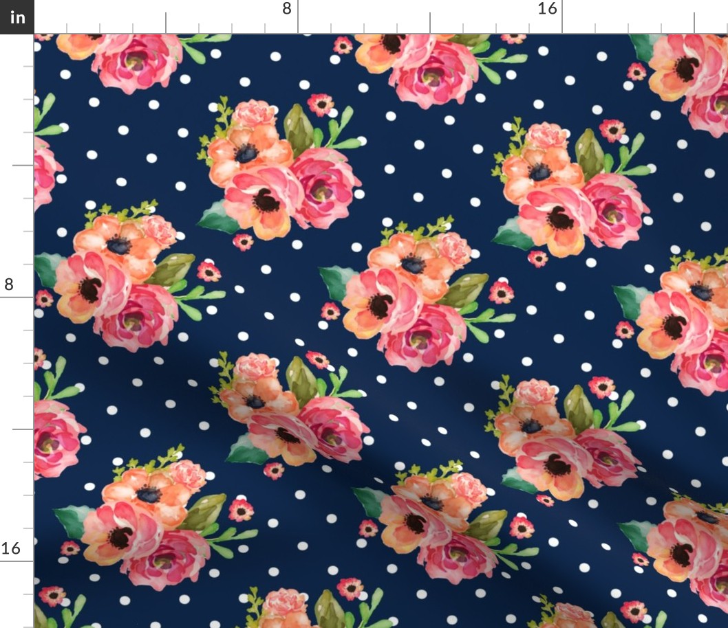 8" Floral Polka  White Polka Navy