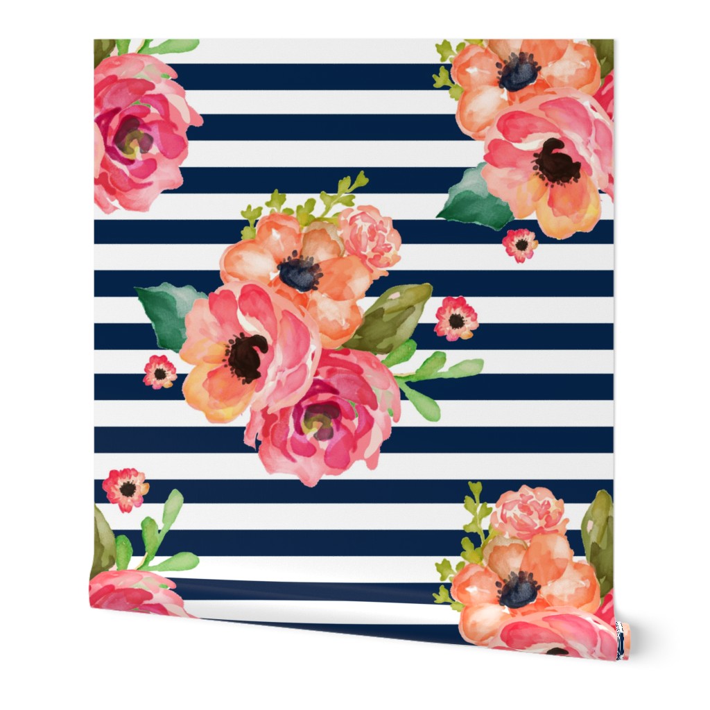 8" Floral Polka Navy Stripes