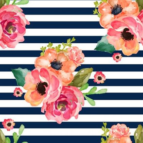 8" Floral Polka Navy Stripes
