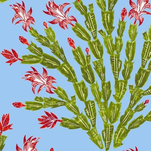 Christmas cactus damask - red, green and olive on sky blue