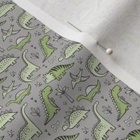 Dinosaurs in Green on Grey Tiny Small