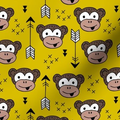 Little monkey friends inky arrows geometric animals design mustard yellow