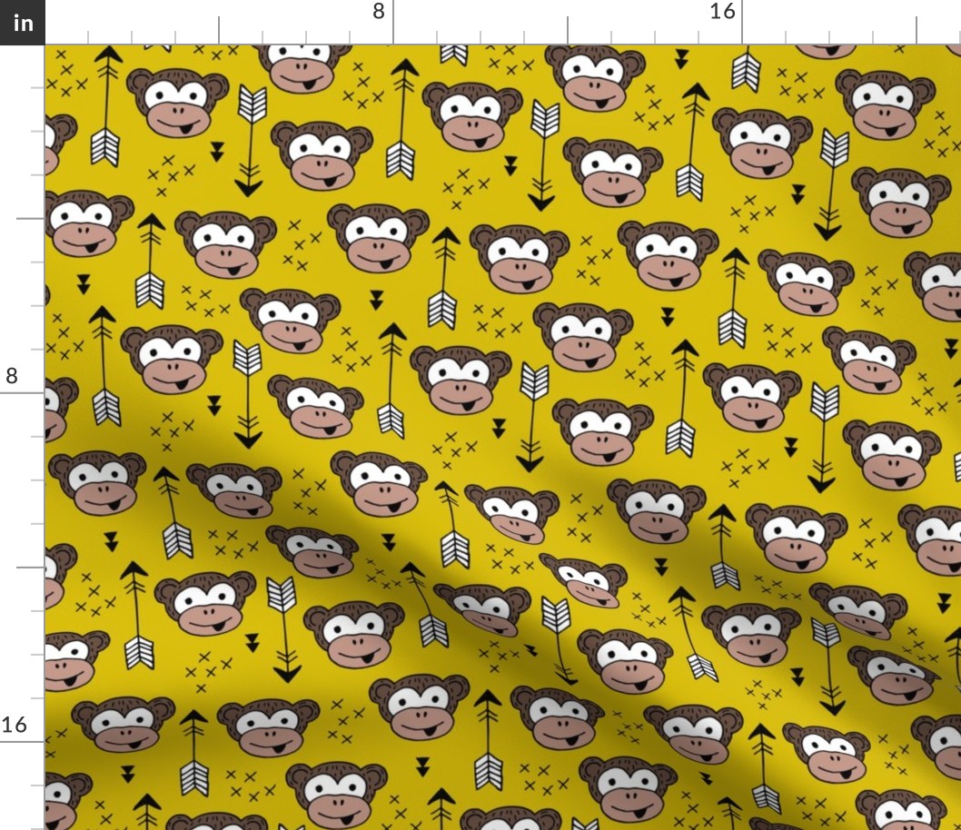 Little monkey friends inky arrows geometric animals design mustard yellow