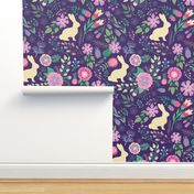 Easter Bunnies on Purple Spring Floral 
