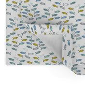 Arctic Fish - mustard yellow, mint green and baby blue on white