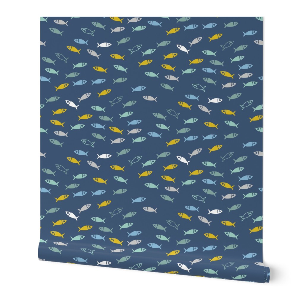 Arctic Fish - mustard yellow, mint green and baby blue on navy