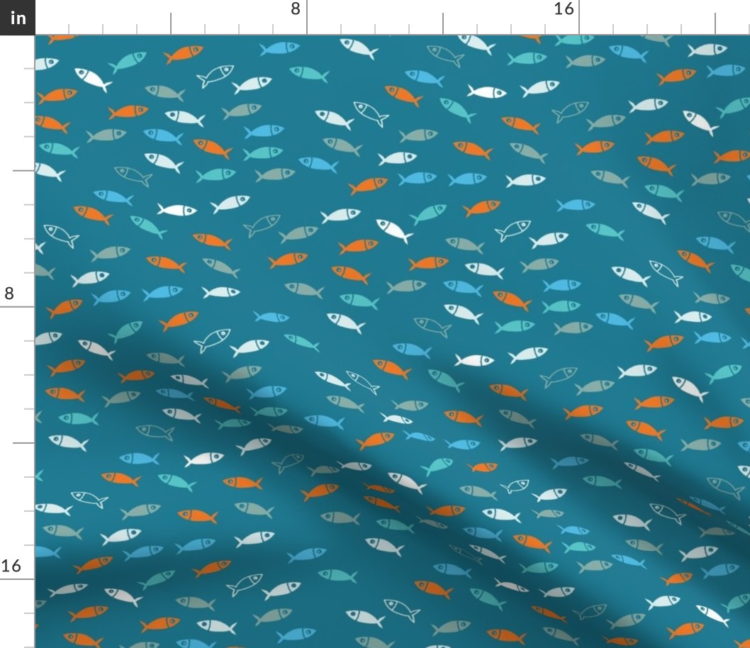 Arctic Fish - orange, Aqua and white on teal