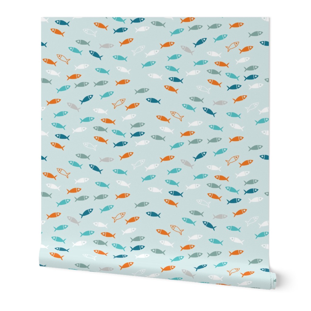 Arctic Fish - orange, Aqua and teal on seafoam