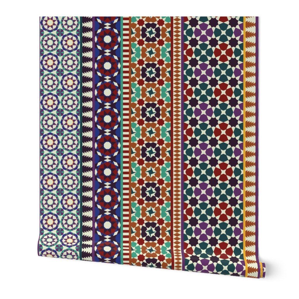 Alhambra Tessellations - Red, orange and blue on white - Vertical