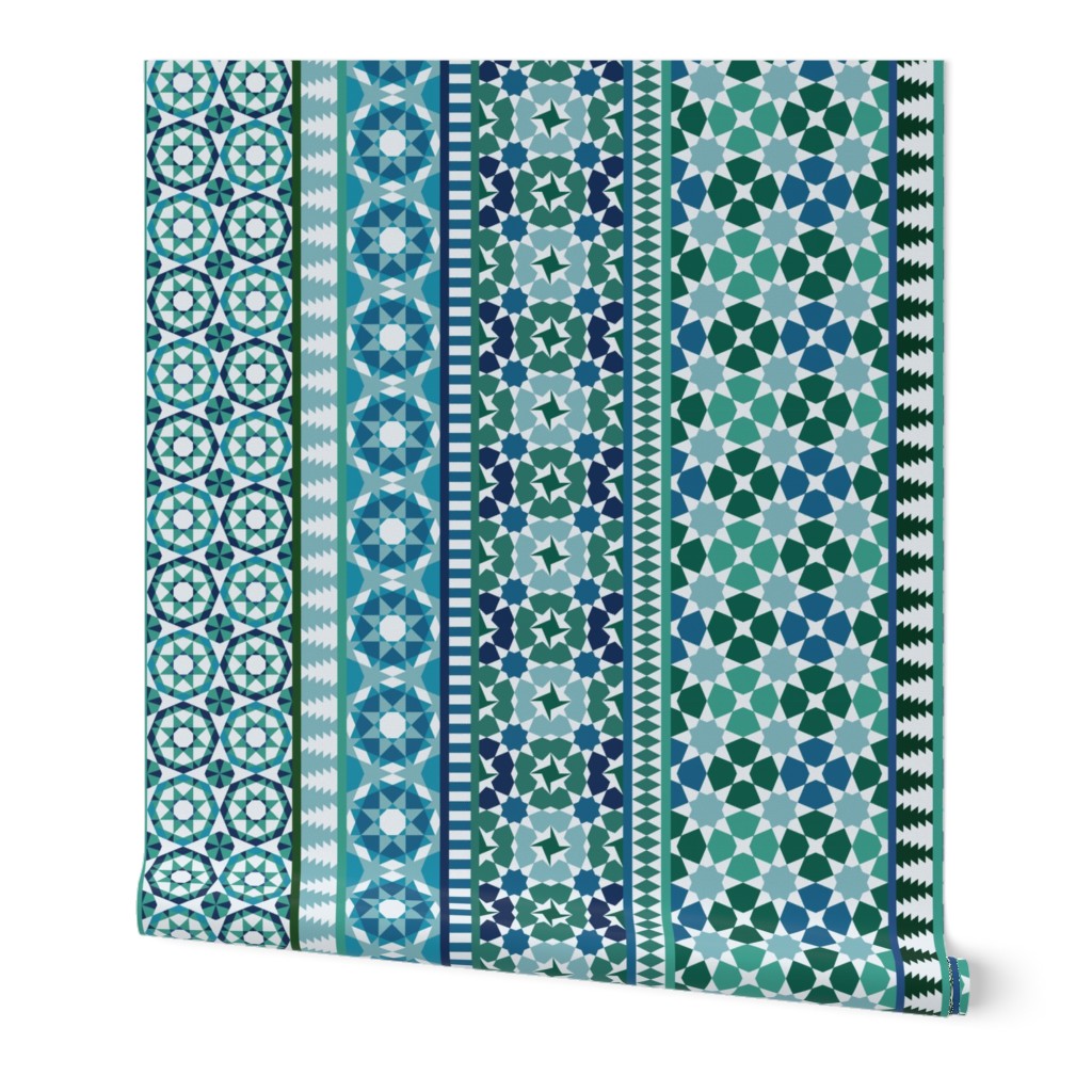 Alhambra Tessellations - Turquoise, blue and green on white - Vertical medium scale