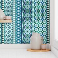 Alhambra Tessellations - Turquoise, blue and green on white - Vertical medium scale