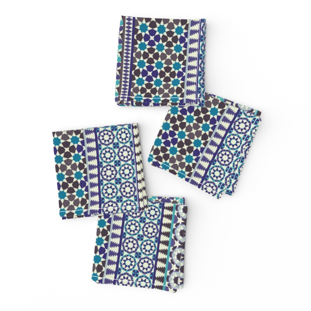 Alhambra Tessellations - Turquoise, Violet and grey on white - Vertical, small scale