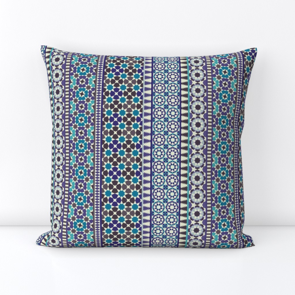 Alhambra Tessellations - Turquoise, Violet and grey on white - Vertical, small scale