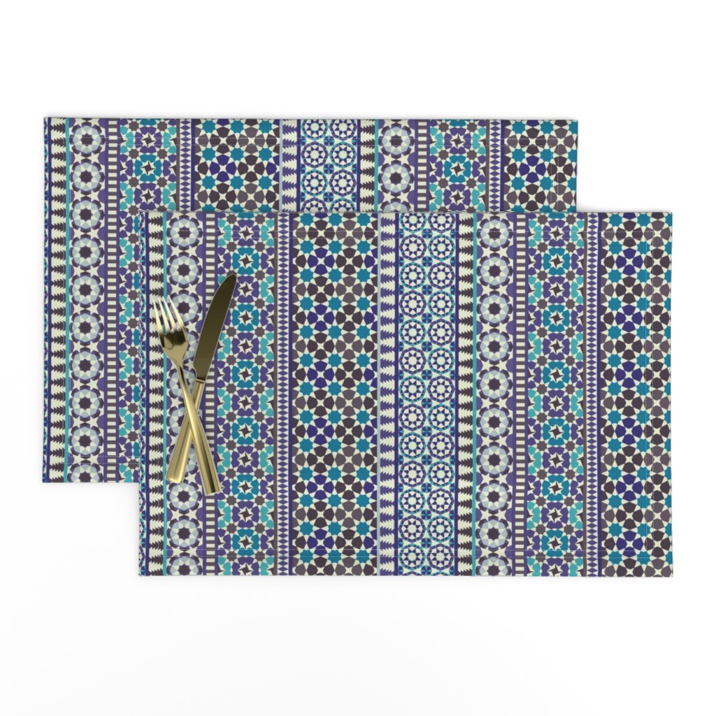 Alhambra Tessellations - Turquoise, Violet and grey on white - Vertical, small scale