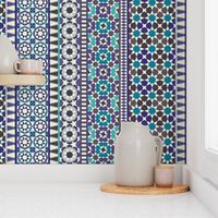 Alhambra Tessellations - Turquoise, Violet and grey on white - Vertical, small scale