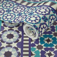 Alhambra Tessellations - Turquoise, Violet and grey on white - Vertical, small scale